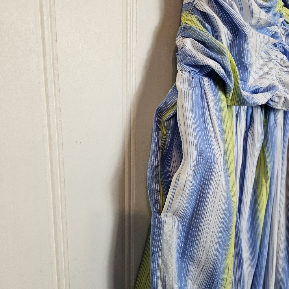 Anthropologie Maxi Dress L Blue Drop Waist Square Neck Pockets Sleeveless Cotton - Picture 6 of 15